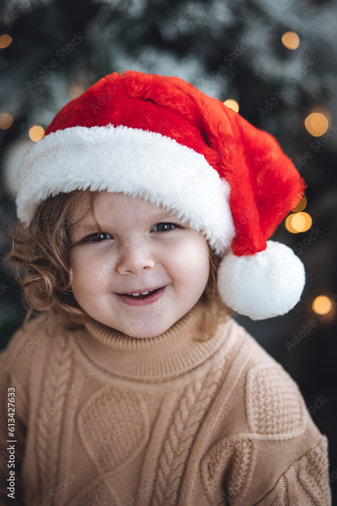 Portrait of a cute little girl in a beautiful knitted sweater ad a red Santa hat near decorated Christmas and new year tree at home. Smiling, cheerful and happy, holding red gift box Portrait of a cute little girl in a beautiful knitted sweater ad a red Santa hat near decorated Christmas and new year tree at home. Smiling, cheerful and happy, holding red gift box