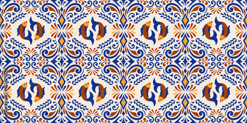 Mexican Talavera Ceramic Tiles tile pattern with fishes. Spanish Maiolica. Ethnic seamless pattern with folk ornament.