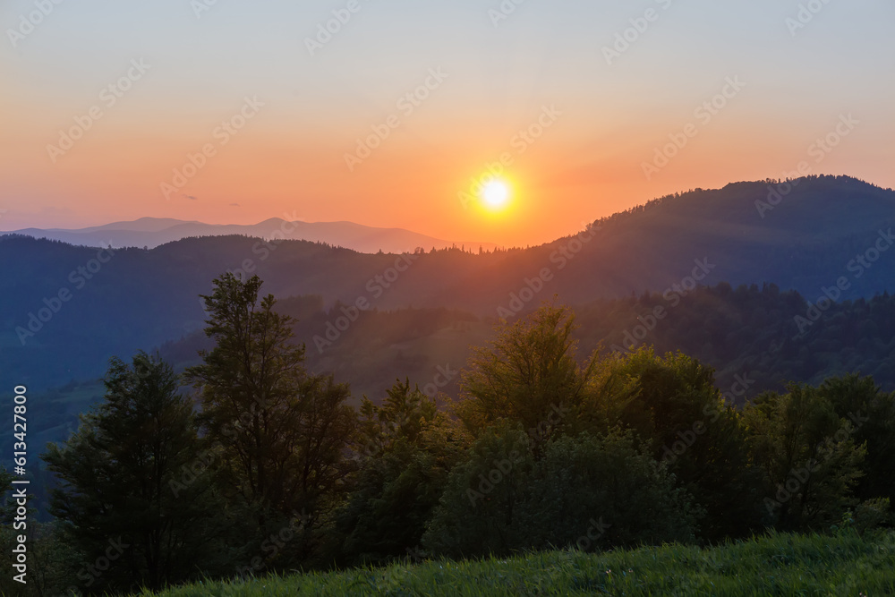 Mountain ridges at sunset in the Carpathian Mountains