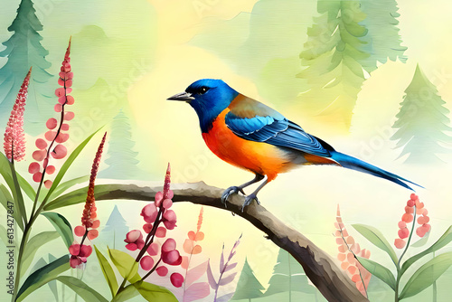 watercolor painting of a bird, Digital watercolor painting, high quality, of a forest landscape with birds, butterflies, and trees. Ai Generative
