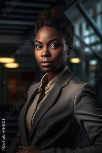 Bllack woman in a business suit standing in a confident pose. Woman's rights equality success of African-American people