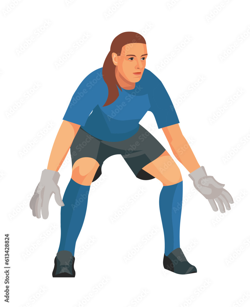 Half-leaning figure of a girl women's football goalkeeper in a blue shirt standing in front of the goal waiting for the ball