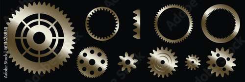 Metal gear, cogwheels and other details. Golden openwork gears on a black background. Mechanism, steampunk, retro. Vector set of elegant decorative elements for design, decoration
