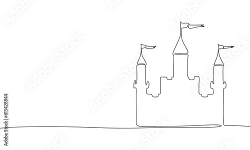 One Continuous line drawing of castle. Thin curls and romantic symbols in simple linear style. Minimalistic Doodle vector illustration