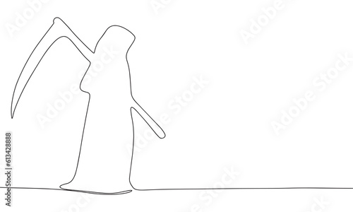 One Continuous line drawing of grim Reaper dead. Thin curls and romantic symbols in simple linear style. Minimalistic Doodle vector illustration