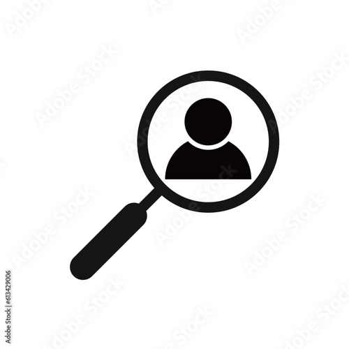 recruiting icon. Magnifier with man isolated on white. Magnifying glass icon. Find people, human research. Vector illustration. know your customers icon flat pictogram.