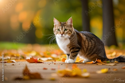 a cat playfully batting at falling autumn leaves, capturing the joy and liveliness of the season photo