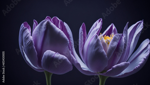 Purple tulips on a dark background close-up macro photography. #613430005