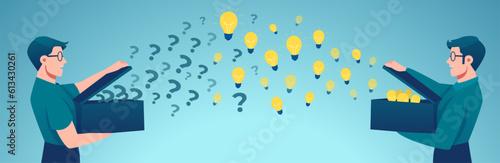 Vector of two men communicating and helping each other to solve problems with new ideas.
