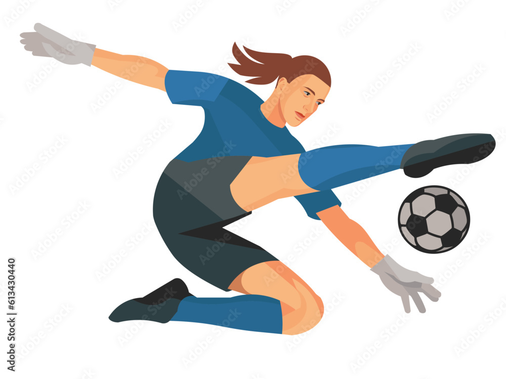 Girl figure of a woman's football goalkeeper in blue sports shirt and gloves jumping high kicking the ball with her foot