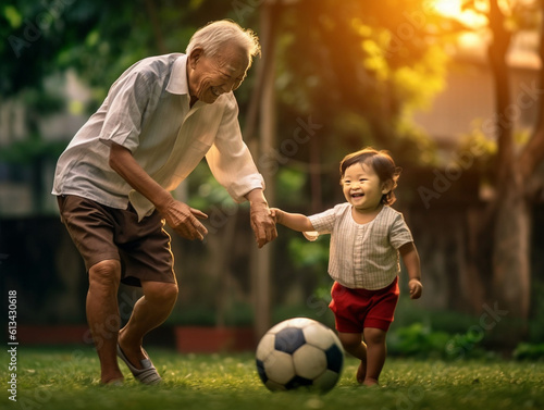 The photograph showcases the joyous old age as the grandfather happily plays soccer with his grandchild. Their laughter and smiles reflect the pure happiness and bonding that trans Generative AI © Julia