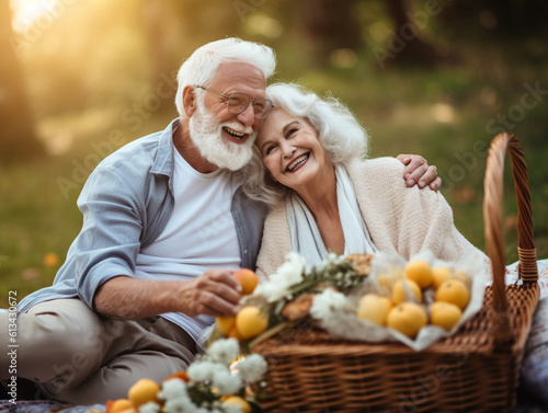 The photograph captures a happy couple enjoying their golden years, having a delightful picnic with a grill. They cherish moments of happiness, love, and understanding, creating a Generative AI