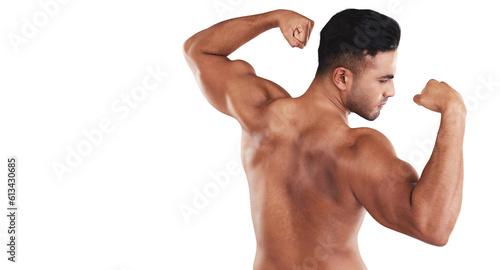 Muscle, wellness and man or bodybuilder flexing after back workout isolated in a transparent or png background. Power, strong and young athlete or person with health motivation, result or goal