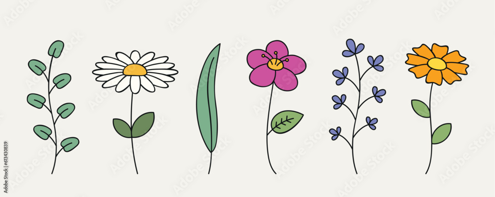 floral set different colorful flowers and leaves isolated vector illustration EPS10 - obrazy, fototapety, plakaty 