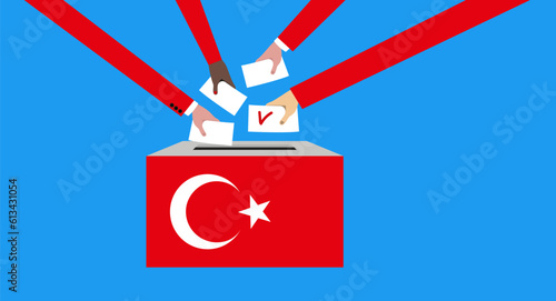 Hands throwing ballots into the ballot box with the Turkish flag.