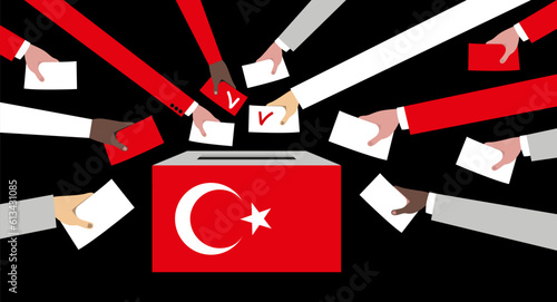 Hands throwing ballots into the ballot box with the Turkish flag.