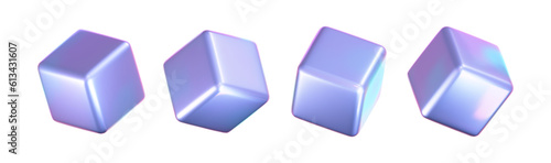 3d holographic cubes set with iridescent chrome effect isolated on white background. Render holographic metal rotating box with rainbow gradient effect. 3d vector geometric shapes