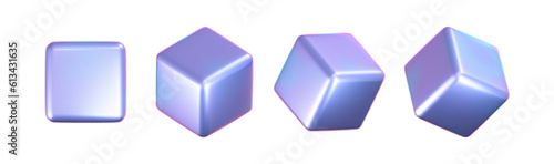 3d holographic cubes set with iridescent chrome effect isolated on white background. Render holographic metal rotating box with rainbow gradient effect. 3d vector geometric shapes