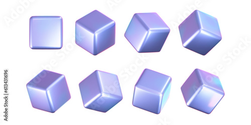 3d holographic cubes set with iridescent chrome effect isolated on white background. Render holographic metal rotating box with rainbow gradient effect. 3d vector geometric shapes