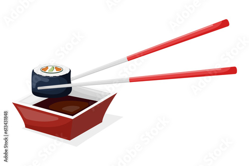 Vector flat cartoon illustration of sushi and sauce bowl. Vector illustration