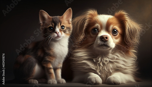 Lovely pet picture of a tiny dog and a cat, Generative AI © drizzlingstarsstudio