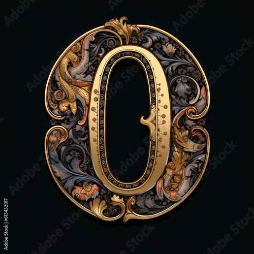 Gothic font letter o with black and gold trimming photo