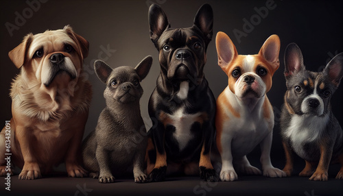 Group of dog puppies, Beautiful photo of several dog breeds relaxing, Generative AI