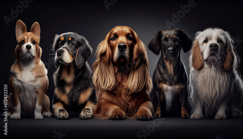 Group of dog puppies, Beautiful photo of several dog breeds relaxing, Generative AI © drizzlingstarsstudio
