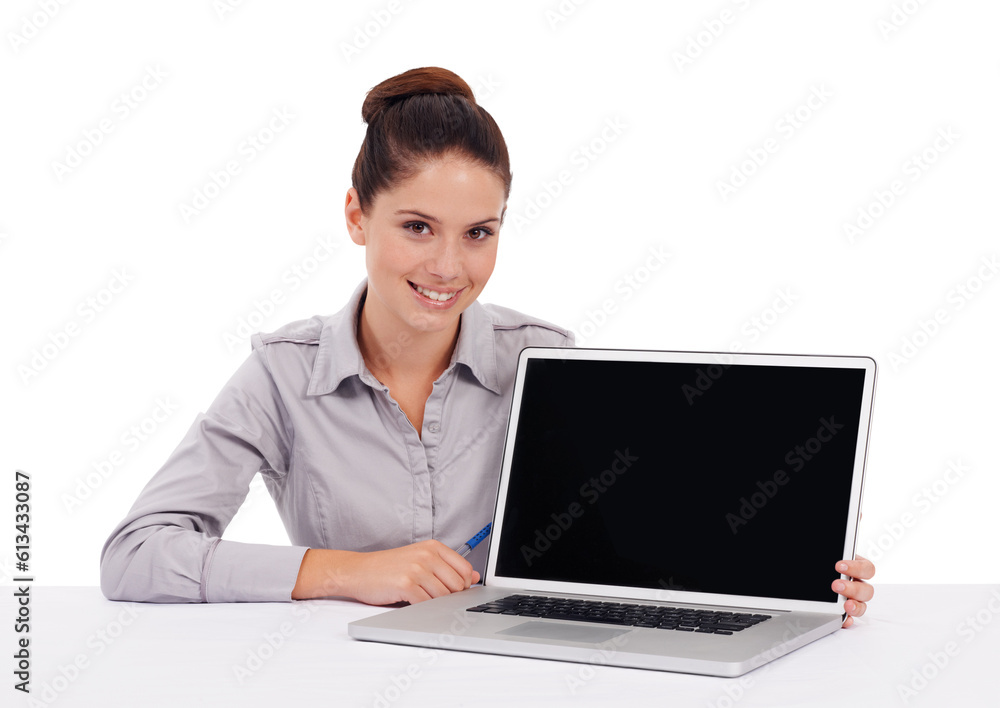 Portrait, laptop screen and woman with mockup on table isolated on a transparent png background. Business person, computer and copy space for marketing, advertising or branding, promotion and happy. Portrait, laptop screen and woman with mockup on table isolated on a transparent png background. Business person, computer and copy space for marketing, advertising or branding, promotion and happy.
