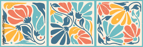 Modern collection of square prints with flowers and leaves. Retro Vector botanical paintings. Contemporary floral trendy style. Muted, Earth tone drawings. Set of Vertical Modern Graphics.