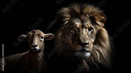 THE LION AND THE LAMB AS A SYMBOL OF FRIENDSHIP. IMAGE ON BLACK BACKGROUND. GENERATIVE AI. © senadesign