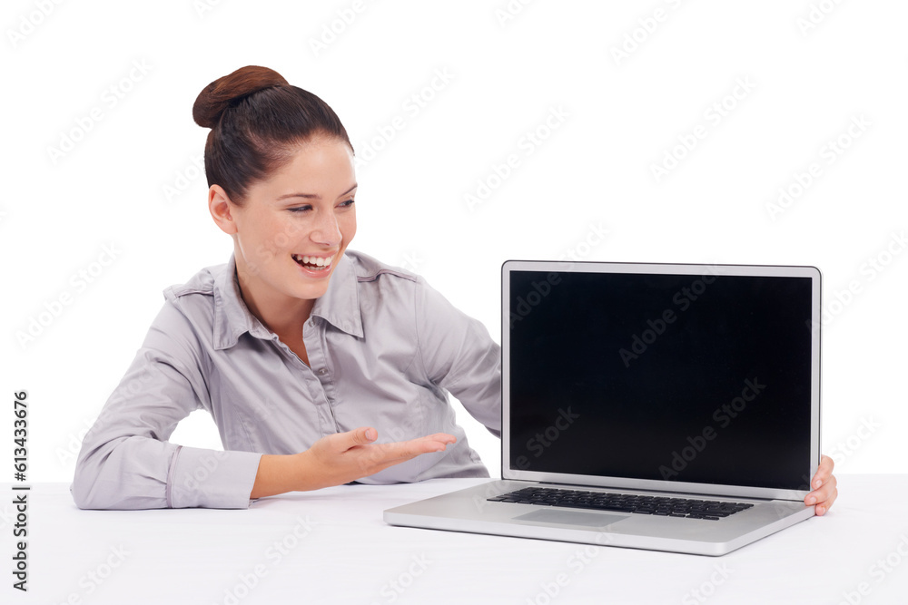 Funny, laptop screen and woman with mockup on table isolated on a transparent png background. Business person, computer and copy space for marketing, advertising or branding, promotion and laughing. Funny, laptop screen and woman with mockup on table isolated on a transparent png background. Business person, computer and copy space for marketing, advertising or branding, promotion and laughing.