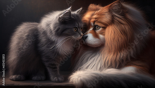 Grey fluffy domestic cat and a dog with long hair, Generative AI