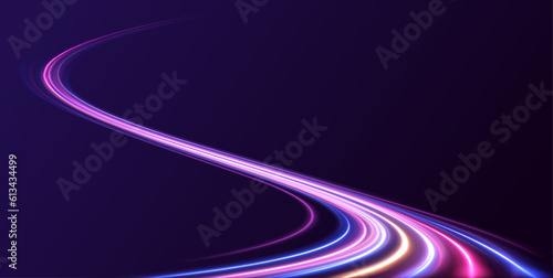 Neon high-speed light trails effect. Panoramic high speed technology concept, light abstract background.	