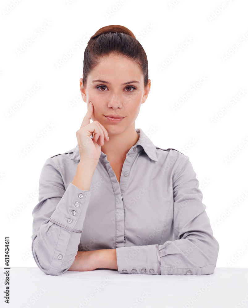 Business woman, portrait and thinking on table with idea or solution isolated on a transparent PNG background. Female person or employee in think, remember or memory for decision, choice or ambition Business woman, portrait and thinking on table with idea or solution isolated on a transparent PNG background. Female person or employee in think, remember or memory for decision, choice or ambition