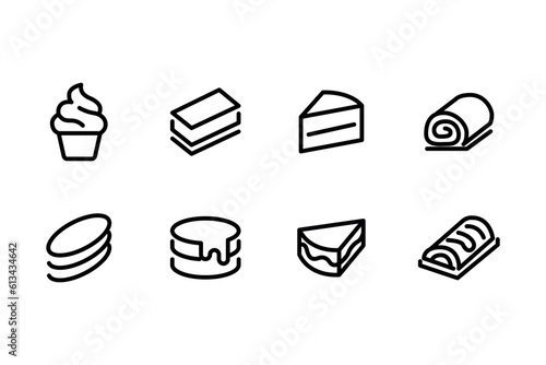 Cakes and cookies line icons. Bakery and sweet food pictogram, muffins, pies. Vector illustration confectionery dessert products line icons set