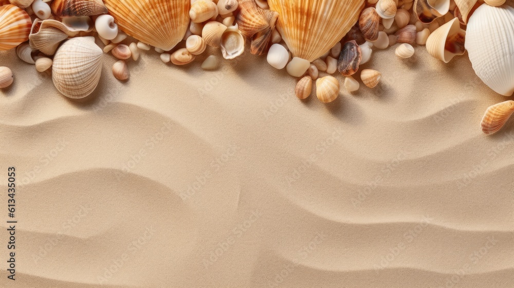 Summer vacation and travel concept background. Sand anbd sea shells, space for copy. Generative AI