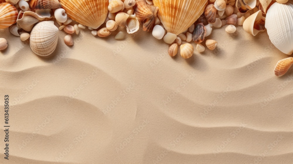 Summer vacation and travel concept background. Sand anbd sea shells, space for copy. Generative AI Summer vacation and travel concept background. Sand anbd sea shells, space for copy. Generative AI