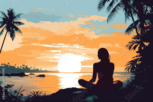 young woman in yoga lotus pose on tropical palm beach nature landscape illustration Generative AI
