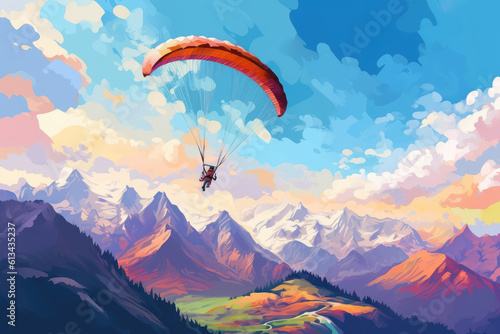 paraglider fly in the mountain paragliding adventure colorful illustration Generative AI