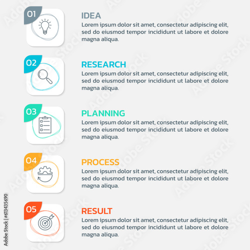 5 steps, option infographic. Menu, list design with business icons. Presentation, layout banner. Modern info graphic template. Vector illustration.