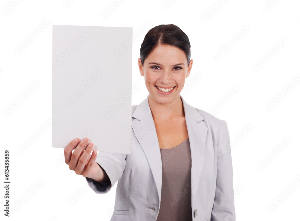 Blank poster, portrait and business woman with a smile isolated on transparent, png background. Professional person with mockup paper or sign for corporate announcement, contract or advertising space Blank poster, portrait and business woman with a smile isolated on transparent, png background. Professional person with mockup paper or sign for corporate announcement, contract or advertising space