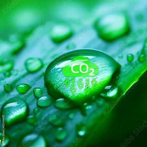 CO2 text in water drop on a green eaf. Carbon credit  safe nature