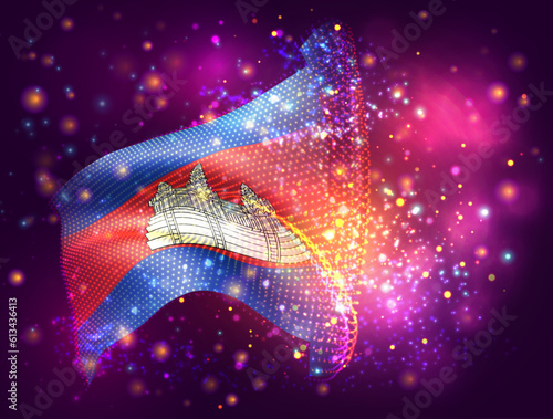 Cambodia, vector 3d flag on pink purple background with lighting and flares