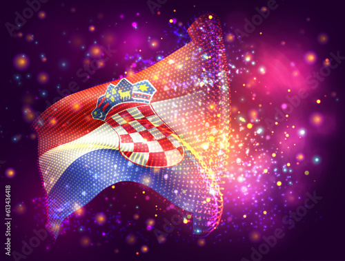 Croatia, vector 3d flag on pink purple background with lighting and flares