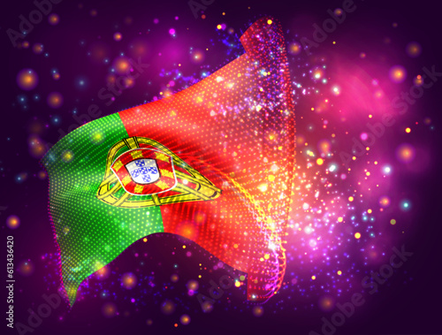 Portugal, vector 3d flag on pink purple background with lighting and flares