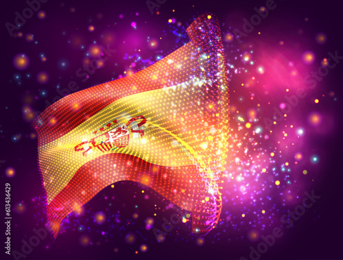 Spain, vector 3d flag on pink purple background with lighting and flares