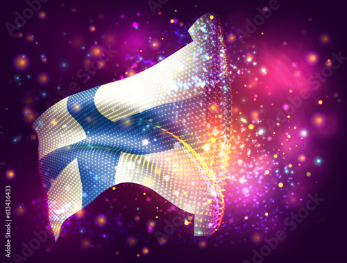 Finland, vector 3d flag on pink purple background with lighting and flares