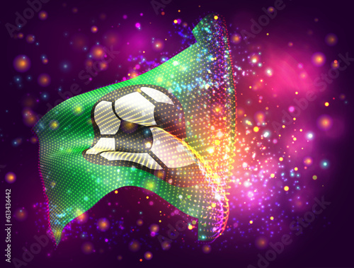 Football, on vector 3d flag on pink purple background with lighting and flares