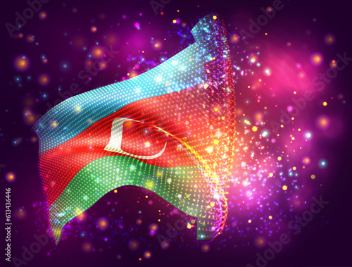 Azerbaijan, vector 3d flag on pink purple background with lighting and flares